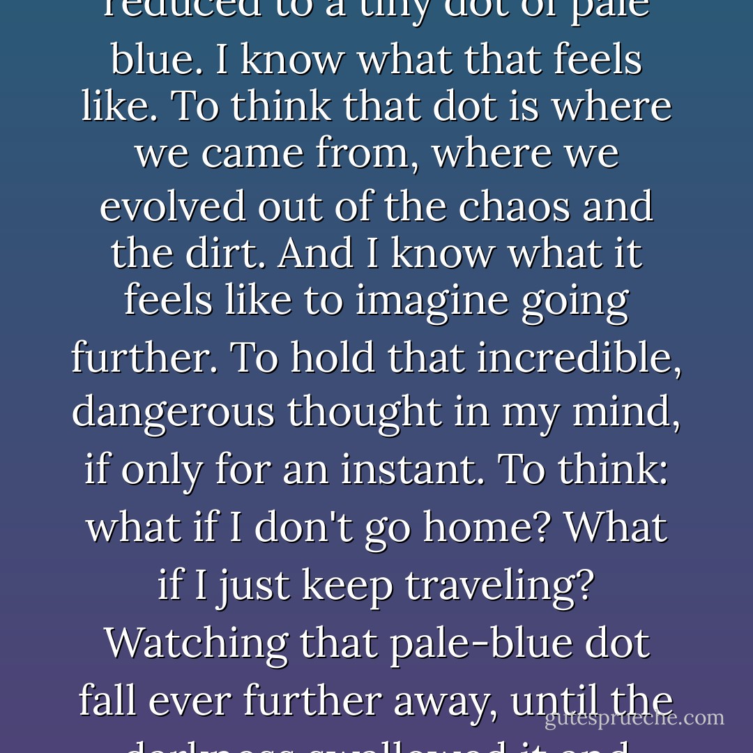 I've seen marvelous things, Sunday. I've looked back from the edge of the system and seen this planet, this Earth, reduced to a tiny dot of pale blue. I know what that feels like. To think that dot is where we came from, where we evolved out of the chaos and the dirt. And I know what it feels like to imagine going further. To hold that incredible, dangerous thought in my mind, if only for an instant. To think: what if I don't go home? What if I just keep traveling? Watching that pale-blue dot fall ever further away, until the darkness swallowed it and there was no turning back. Until Earth was just a blue memory. - Alastair Reynolds