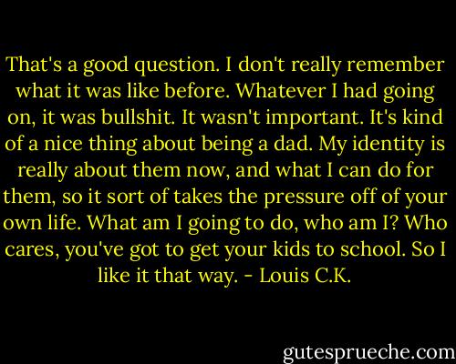 That's a good question. I don't really remember what it was like before. Whatever I had going on, it was bullshit. It wasn't important. It's kind of a nice thing about being a dad. My identity is really about them now, and what I can do for them, so it sort of takes the pressure off of your own life. What am I going to do, who am I? Who cares, you've got to get your kids to school. So I like it that way. - Louis C.K.