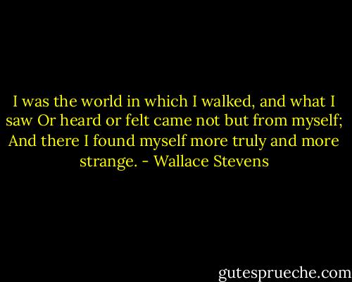 I was the world in which I walked, and what I saw<br />Or heard or felt came not but from myself;<br />And there I found myself more truly and more strange. - Wallace Stevens