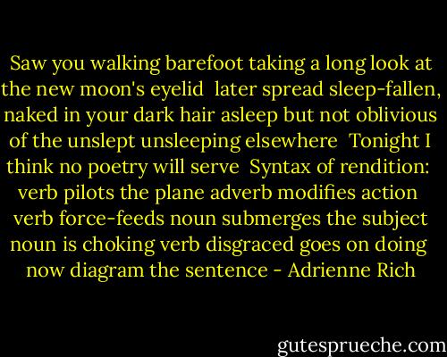 Saw you walking barefoot<br />taking a long look<br />at the new moon's eyelid<br /><br />later spread<br />sleep-fallen, naked in your dark hair<br />asleep but not oblivious<br />of the unslept unsleeping<br />elsewhere<br /><br />Tonight I think<br />no poetry<br />will serve<br /><br />Syntax of rendition:<br /><br />verb pilots the plane<br />adverb modifies action<br /><br />verb force-feeds noun<br />submerges the subject<br />noun is choking<br />verb disgraced goes on doing<br /><br />now diagram the sentence - Adrienne Rich