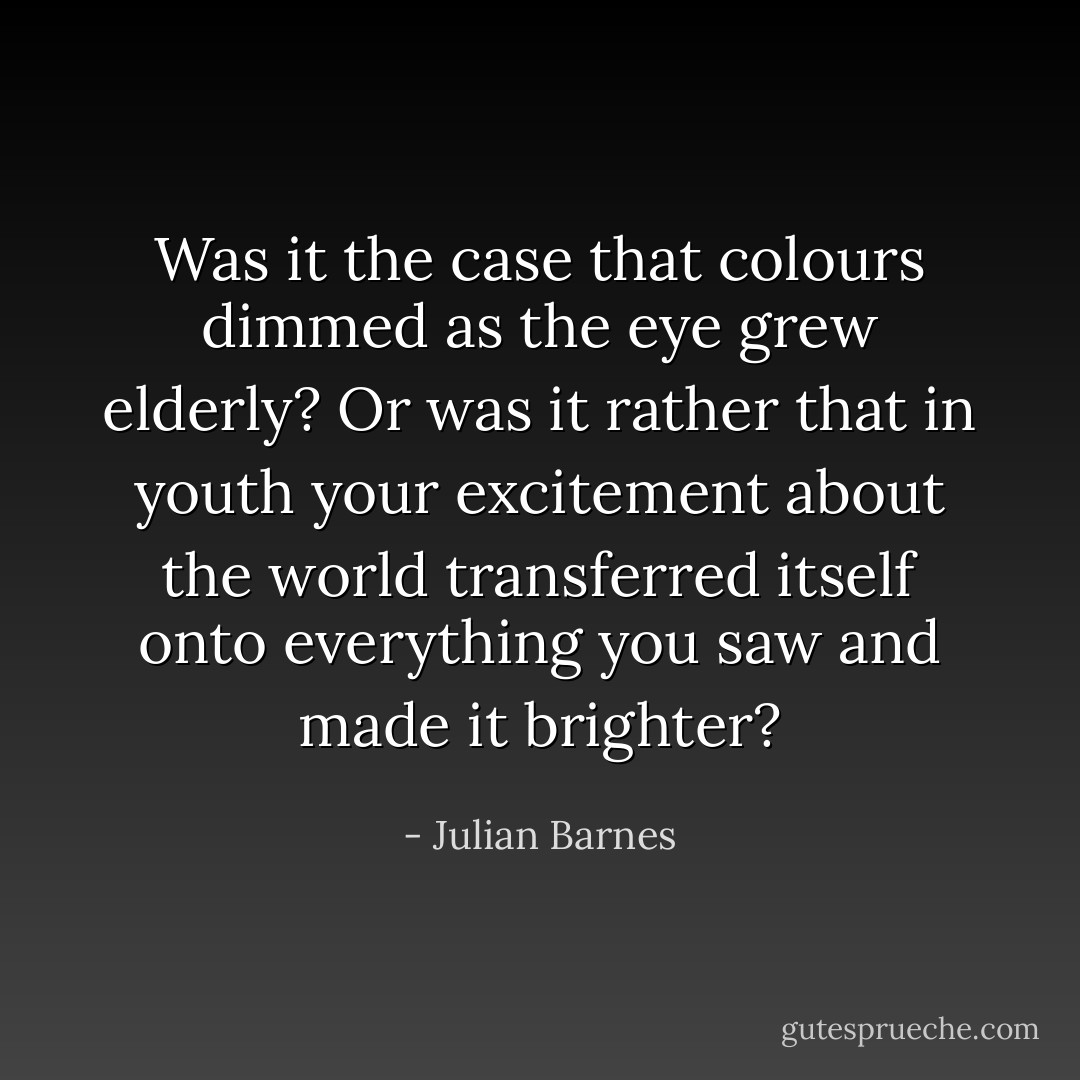 Was it the case that colours dimmed as the eye grew elderly? Or was it rather that in youth your excitement about the world transferred itself onto everything you saw and made it brighter? - Julian Barnes