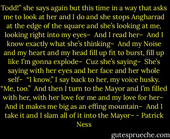 Todd!” she says again but this time in a way that asks me to look at her and I do and she stops Angharrad at the edge of the square and she’s looking at me, looking right into my eyes–<br /><br />And I read her–<br /><br />And I know exactly what she’s thinking–<br /><br />And my Noise and my heart and my head fill up fit to burst, fill up like I’m gonna explode–<br /><br />Cuz she’s saying–<br /><br />She’s saying with her eyes and her face and her whole self–<br /><br />“I know,” I say back to her, my voice husky. “Me, too.”<br /><br />And then I turn to the Mayor and I’m filled with her, with her love for me and my love for her–<br /><br />And it makes me big as an effing mountain–<br /><br />And I take it and I slam all of it into the Mayor– - Patrick Ness