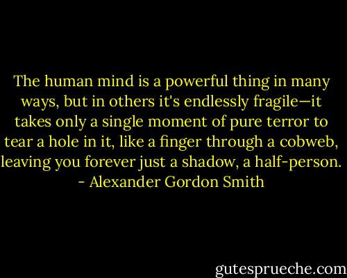 The human mind is a powerful thing in many ways, but in others it's endlessly fragile—it takes only a single moment of pure terror to tear a hole in it, like a finger through a cobweb, leaving you forever just a shadow, a half-person. - Alexander Gordon Smith