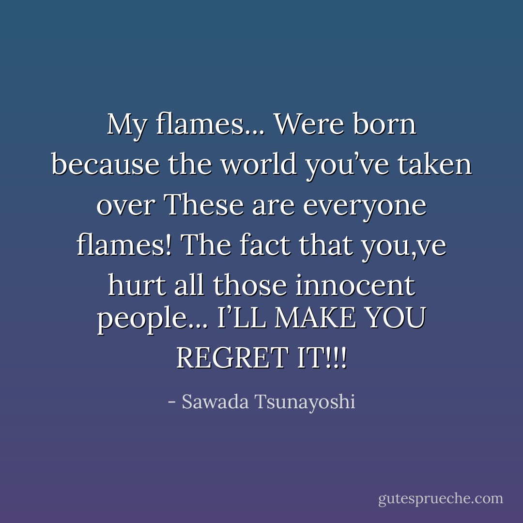 My flames...‎<br />Were born because the world you’ve taken over<br />These are everyone flames!‎<br />The fact that you,ve hurt all those innocent people...‎<br />I’LL MAKE YOU REGRET IT!!!‎ - Sawada Tsunayoshi