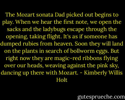 The Mozart sonata Dad picked out begins to play. When we hear the first note, we open the sacks and the ladybugs escape through the opening, taking flight. It's as if someone has dumped rubies from heaven. Soon they will land on the plants in search of bollworm eggs. But right now they are magic-red ribbons flying over our heads, weaving against the pink sky, dancing up there with Mozart. - Kimberly Willis Holt