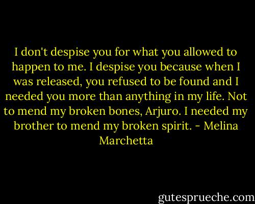 I don't despise you for what you allowed to happen to me. I despise you because when I was released, you refused to be found and I needed you more than anything in my life. Not to mend my broken bones, Arjuro. I needed my brother to mend my broken spirit. - Melina Marchetta