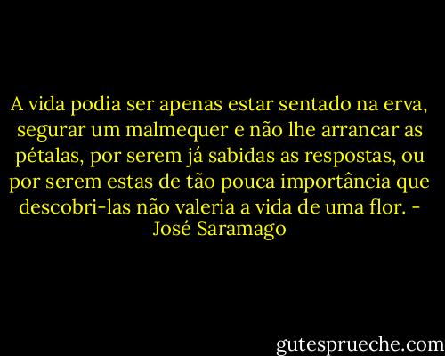 A vida podia ser apenas estar sentado na erva, segurar um malmequer e não lhe arrancar as pétalas, por serem já sabidas as respostas, ou por serem estas de tão pouca importância que descobri-las não valeria a vida de uma flor. - José Saramago