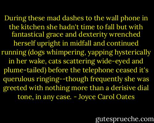 During these mad dashes to the wall phone in the kitchen she hadn't time to fall but with fantastical grace and dexterity wrenched herself upright in midfall and continued running (dogs whimpering, yapping hysterically in her wake, cats scattering wide-eyed and plume-tailed) before the telephone ceased it's querulous ringing--though frequently she was greeted with nothing more than a derisive dial tone, in any case. - Joyce Carol Oates