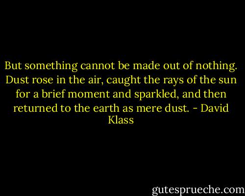 But something cannot be made out of nothing. Dust rose in the air, caught the rays of the sun for a brief moment and sparkled, and then returned to the earth as mere dust. - David Klass