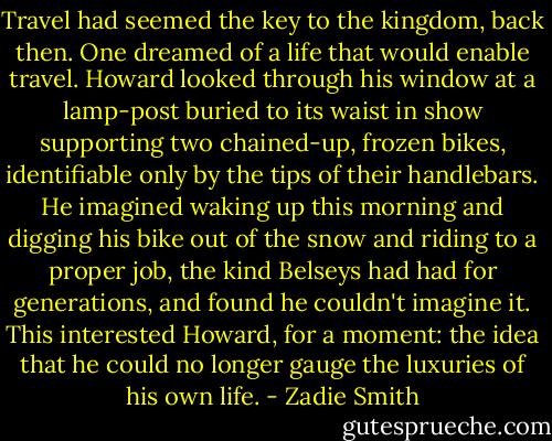 Travel had seemed the key to the kingdom, back then. One dreamed of a life that would enable travel. Howard looked through his window at a lamp-post buried to its waist in show supporting two chained-up, frozen bikes, identifiable only by the tips of their handlebars. He imagined waking up this morning and digging his bike out of the snow and riding to a proper job, the kind Belseys had had for generations, and found he couldn't imagine it. This interested Howard, for a moment: the idea that he could no longer gauge the luxuries of his own life. - Zadie Smith