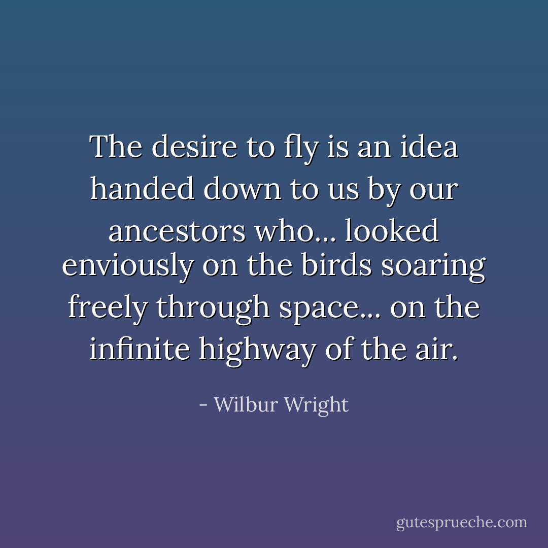 The desire to fly is an idea handed down to us by our ancestors who... looked enviously on the birds soaring freely through space... on the infinite highway of the air. - Wilbur Wright