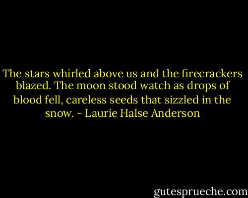 The stars whirled above us and the firecrackers blazed. The moon stood watch as drops of blood fell, careless seeds that sizzled in the snow. - Laurie Halse Anderson