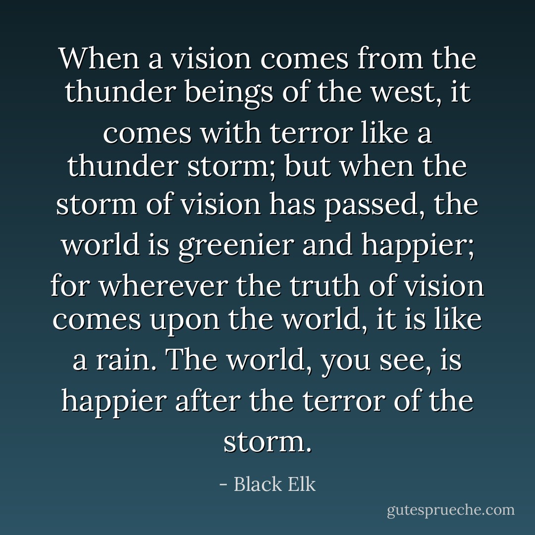 When a vision comes from the thunder beings of the west, it comes with terror like a thunder storm; but when the storm of vision has passed, the world is greenier and happier; for wherever the truth of vision comes upon the world, it is like a rain. The world, you see, is happier after the terror of the storm. - Black Elk