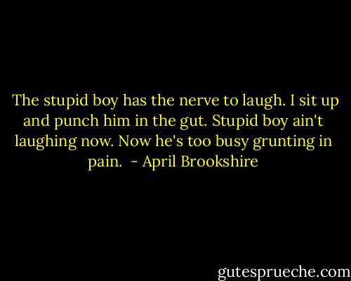  The stupid boy has the nerve to laugh. I sit up and punch him in the gut. Stupid boy ain't laughing now. Now he's too busy grunting in pain.  - April Brookshire