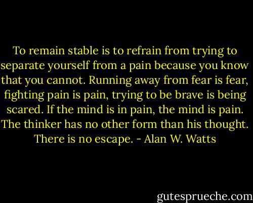 To remain stable is to refrain from trying to separate yourself from a pain because you know that you cannot. Running away from fear is fear, fighting pain is pain, trying to be brave is being scared. If the mind is in pain, the mind is pain. The thinker has no other form than his thought. There is no escape. - Alan W. Watts
