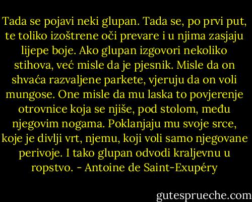 Tada se pojavi neki glupan. Tada se, po prvi put, te toliko izoštrene oči prevare i u njima zasjaju lijepe boje. Ako glupan izgovori nekoliko stihova, već misle da je pjesnik. Misle da on shvaća razvaljene parkete, vjeruju da on voli mungose. One misle da mu laska to povjerenje otrovnice koja se njiše, pod stolom, među njegovim nogama. Poklanjaju mu svoje srce, koje je divlji vrt, njemu, koji voli samo njegovane perivoje. I tako glupan odvodi kraljevnu u ropstvo. - Antoine de Saint-Exupéry