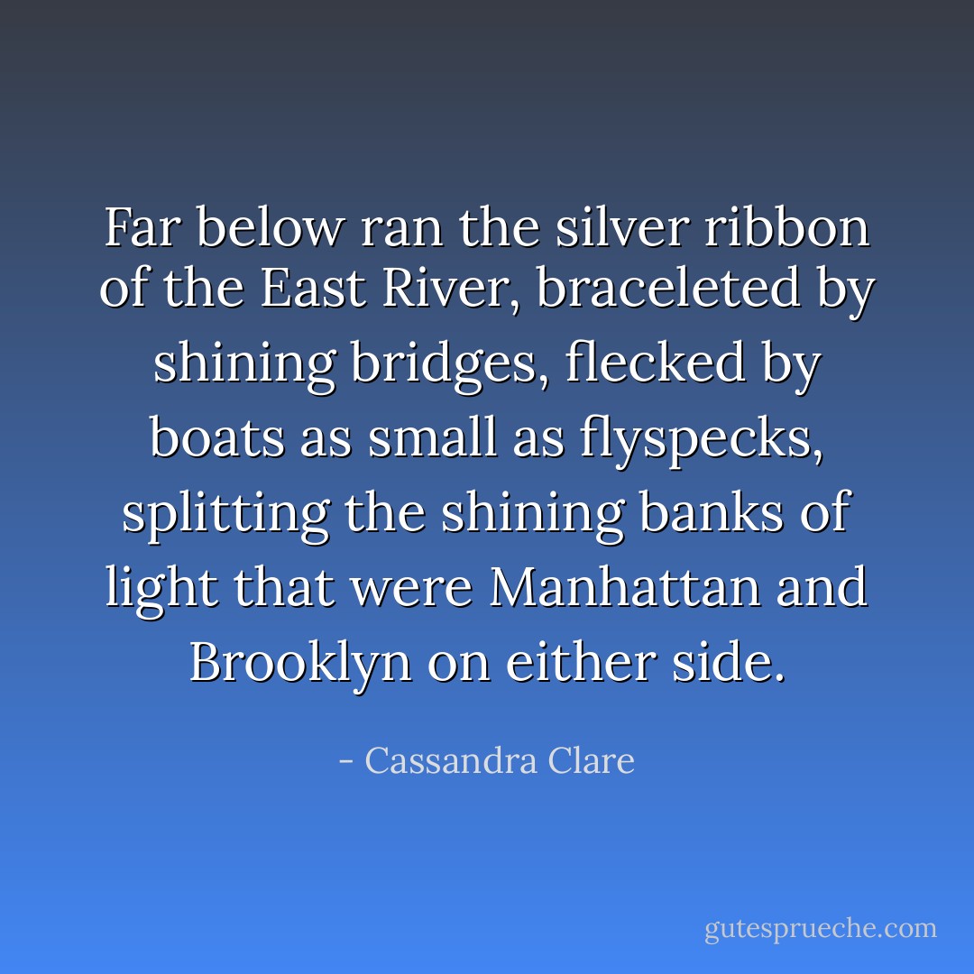 Far below ran the silver ribbon of the East River, braceleted by shining bridges, flecked by boats as small as flyspecks, splitting the shining banks of light that were Manhattan and Brooklyn on either side. - Cassandra Clare