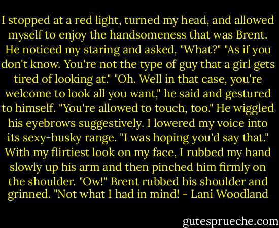 I stopped at a red light, turned my head, and allowed myself to enjoy the handsomeness that was Brent.<br />He noticed my staring and asked, "What?"<br />"As if you don't know. You're not the type of guy that a girl gets tired of looking at."<br />"Oh. Well in that case, you're welcome to look all you want," he said and gestured to himself. "You're allowed to touch, too." He wiggled his eyebrows suggestively.<br />I lowered my voice into its sexy-husky range. "I was hoping you'd say that." With my flirtiest look on my face, I rubbed my hand slowly up his arm and then pinched him firmly on the shoulder.<br />"Ow!" Brent rubbed his shoulder and grinned. "Not what I had in mind! - Lani Woodland