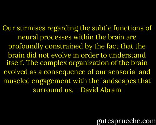 Our surmises regarding the subtle functions of neural processes within the brain are profoundly constrained by the fact that the brain did not evolve in order to understand itself. The complex organization of the brain evolved as a consequence of our sensorial and muscled engagement with the landscapes that surround us. - David Abram