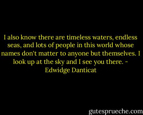 I also know there are timeless waters, endless seas, and lots of people in this world whose names don't matter to anyone but themselves. I look up at the sky and I see you there. - Edwidge Danticat