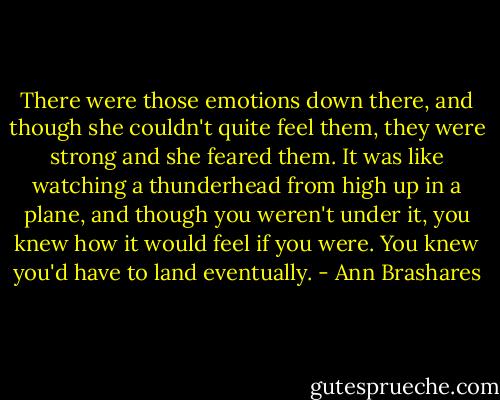 There were those emotions down there, and though she couldn't quite feel them, they were strong and she feared them. It was like watching a thunderhead from high up in a plane, and though you weren't under it, you knew how it would feel if you were. You knew you'd have to land eventually. - Ann Brashares
