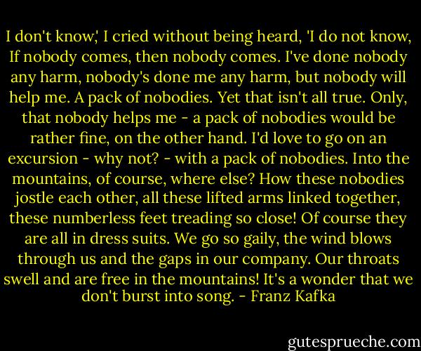 I don't know,' I cried without being heard, 'I do not know, If nobody comes, then nobody comes. I've done nobody any harm, nobody's done me any harm, but nobody will help me. A pack of nobodies. Yet that isn't all true. Only, that nobody helps me - a pack of nobodies would be rather fine, on the other hand. I'd love to go on an excursion - why not? - with a pack of nobodies. Into the mountains, of course, where else? How these nobodies jostle each other, all these lifted arms linked together, these numberless feet treading so close! Of course they are all in dress suits. We go so gaily, the wind blows through us and the gaps in our company. Our throats swell and are free in the mountains! It's a wonder that we don't burst into song. - Franz Kafka