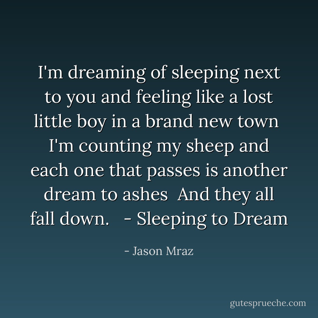 I'm dreaming of sleeping next to you and feeling like a lost little boy in a brand new town<br /> I'm counting my sheep and each one that passes is another dream to ashes<br /> And they all fall down.<br /> <br />- Sleeping to Dream - Jason Mraz