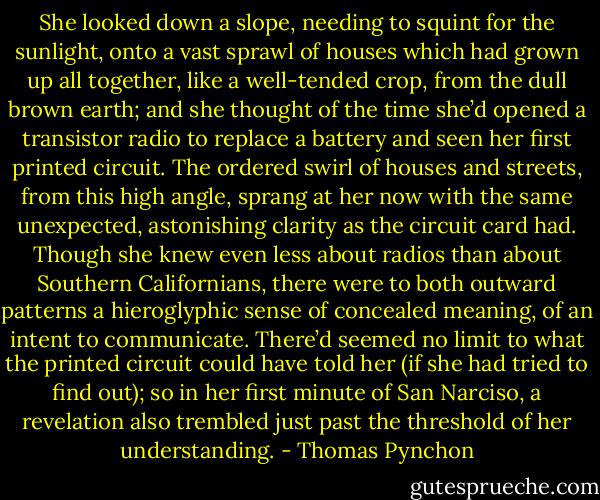 She looked down a slope, needing to squint for the sunlight, onto a vast sprawl of houses which had grown up all together, like a well-tended crop, from the dull brown earth; and she thought of the time she’d opened a transistor radio to replace a battery and seen her first printed circuit. The ordered swirl of houses and streets, from this high angle, sprang at her now with the same unexpected, astonishing clarity as the circuit card had. Though she knew even less about radios than about Southern Californians, there were to both outward patterns a hieroglyphic sense of concealed meaning, of an intent to communicate. There’d seemed no limit to what the printed circuit could have told her (if she had tried to find out); so in her first minute of San Narciso, a revelation also trembled just past the threshold of her understanding. - Thomas Pynchon