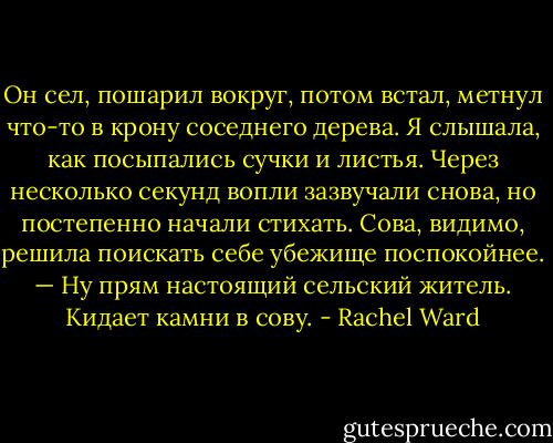 Он сел, пошарил вокруг, потом встал, метнул что-то в крону соседнего дерева. Я слышала, как посыпались сучки и листья. Через несколько секунд вопли зазвучали снова, но постепенно начали стихать. Сова, видимо, решила поискать себе убежище поспокойнее.<br />— Ну прям настоящий сельский житель. Кидает камни в сову. - Rachel Ward