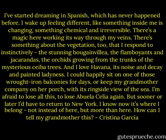 I’ve started dreaming in Spanish, which has never happened before. I wake up feeling different, like something inside me is changing, something chemical and irreversible. There’s a magic here working its way through my veins. There’s something about the vegetation, too, that I respond to instinctively - the stunning bougainvillea, the flamboyants and jacarandas, the orchids growing from the trunks of the mysterious ceiba trees. And I love Havana, its noise and decay and painted ladyness. I could happily sit on one of those wrought-iron balconies for days, or keep my grandmother company on her porch, with its ringside view of the sea. I’m afraid to lose all this, to lose Abuela Celia again. But sooner or later I’d have to return to New York. I know now it’s where I belong - not instead of here, but more than here. How can I tell my grandmother this? - Cristina García