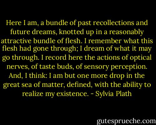 Here I am, a bundle of past recollections and future dreams, knotted up in a reasonably attractive bundle of flesh. I remember what this flesh had gone through; I dream of what it may go through. I record here the actions of optical nerves, of taste buds, of sensory perception. And, I think: I am but one more drop in the great sea of matter, defined, with the ability to realize my existence. - Sylvia Plath