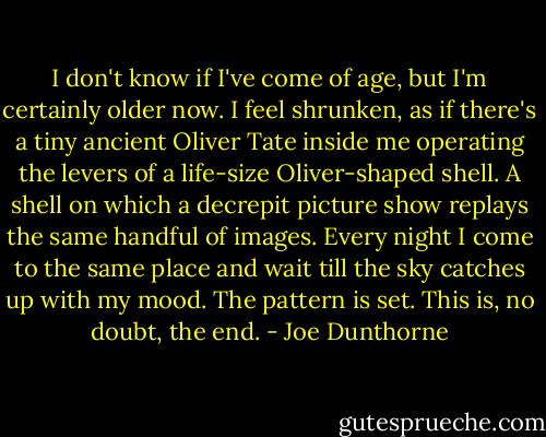 I don't know if I've come of age, but I'm certainly older now. I feel shrunken, as if there's a tiny ancient Oliver Tate inside me operating the levers of a life-size Oliver-shaped shell. A shell on which a decrepit picture show replays the same handful of images. Every night I come to the same place and wait till the sky catches up with my mood. The pattern is set. This is, no doubt, the end. - Joe Dunthorne