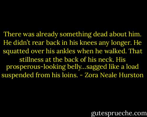 There was already something dead about him. He didn’t rear back in his knees any longer. He squatted over his ankles when he walked. That stillness at the back of his neck. His prosperous-looking belly…sagged like a load suspended from his loins. - Zora Neale Hurston