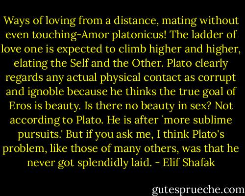 Ways of loving from a distance, mating without even touching-Amor platonicus! The ladder of love one is expected to climb higher and higher, elating the Self and the Other. Plato clearly regards any actual physical contact as corrupt and ignoble because he thinks the true goal of Eros is beauty. Is there no beauty in sex? Not according to Plato. He is after `more sublime pursuits.' But if you ask me, I think Plato's problem, like those of many others, was that he never got splendidly laid. - Elif Shafak