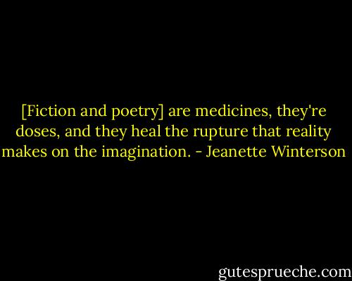 [Fiction and poetry] are medicines, they're doses, and they heal the rupture that reality makes on the imagination. - Jeanette Winterson