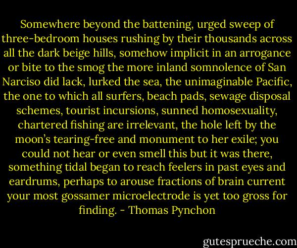 Somewhere beyond the battening, urged sweep of three-bedroom houses rushing by their thousands across all the dark beige hills, somehow implicit in an arrogance or bite to the smog the more inland somnolence of San Narciso did lack, lurked the sea, the unimaginable Pacific, the one to which all surfers, beach pads, sewage disposal schemes, tourist incursions, sunned homosexuality, chartered fishing are irrelevant, the hole left by the moon’s tearing-free and monument to her exile; you could not hear or even smell this but it was there, something tidal began to reach feelers in past eyes and eardrums, perhaps to arouse fractions of brain current your most gossamer microelectrode is yet too gross for finding. - Thomas Pynchon