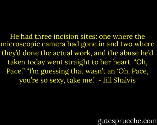 He had three<br />incision sites: one where the microscopic camera had gone in and<br />two where they’d done the actual work, and the abuse he’d taken<br />today went straight to her heart. “Oh, Pace.”<br />“I’m guessing that wasn’t an ‘Oh, Pace, you’re so sexy, take me.’  - Jill Shalvis