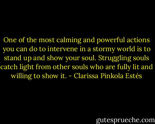 One of the most calming and powerful actions you can do to intervene in a stormy world is to stand up and show your soul. Struggling souls catch light from other souls who are fully lit and willing to show it. - Clarissa Pinkola Estés