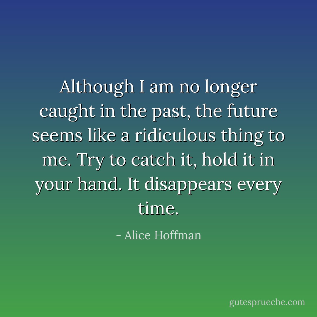 Although I am no longer caught in the past, the future seems like a ridiculous thing to me. Try to catch it, hold it in your hand. It disappears every time. - Alice Hoffman