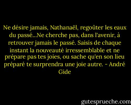 Ne désire jamais, Nathanaël, regoûter les eaux du passé...Ne cherche pas, dans l'avenir, à retrouver jamais le passé. Saisis de chaque instant la nouveauté irressemblable et ne prépare pas tes joies, ou sache qu'en son lieu préparé te surprendra une joie autre. - André Gide