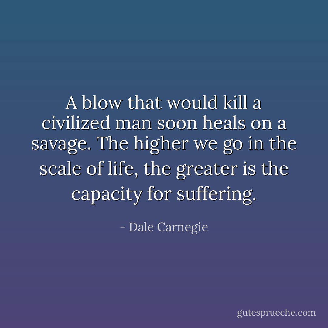A blow that would kill a civilized man soon heals on a savage. The higher we go in the scale of life, the greater is the capacity for suffering. - Dale Carnegie