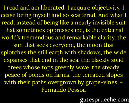 I read and am liberated. I acquire objectivity. I cease being myself and so scattered. And what I read, instead of being like a nearly invisible suit that sometimes oppresses me, is the external world’s tremendous and remarkable clarity, the sun that sees everyone, the moon that splotches the still earth with shadows, the wide expanses that end in the sea, the blackly solid trees whose tops greenly wave, the steady peace of ponds on farms, the terraced slopes with their paths overgrown by grape-vines. - Fernando Pessoa