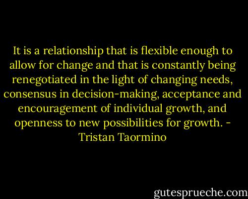 It is a relationship that is flexible enough to allow for change and that is constantly being renegotiated in the light of changing needs, consensus in decision-making, acceptance and encouragement of individual growth, and openness to new possibilities for growth. - Tristan Taormino