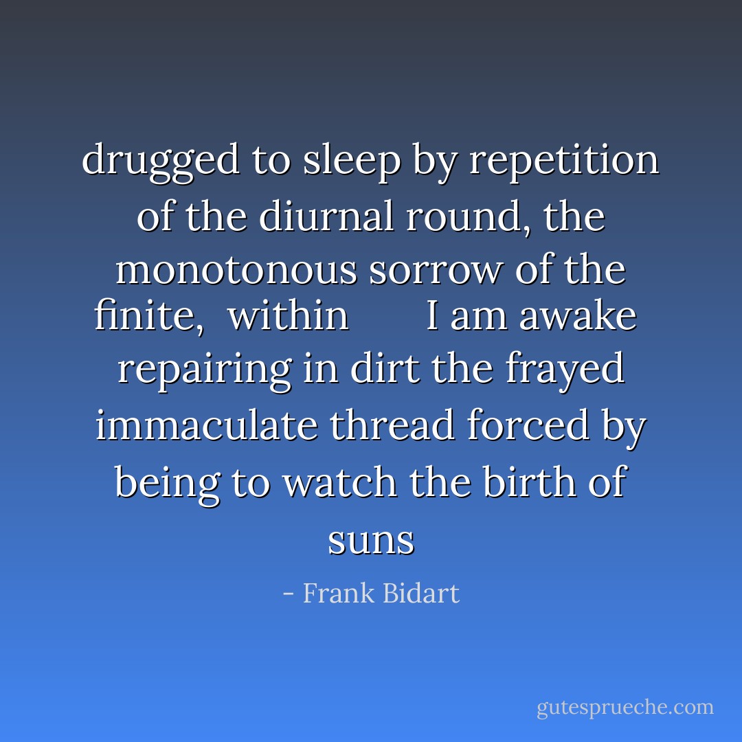 drugged to sleep by repetition of the diurnal<br />round, the monotonous sorrow of the finite,<br /><br />within       I am awake<br /><br />repairing in dirt the frayed immaculate thread<br />forced by being to watch the birth of suns - Frank Bidart