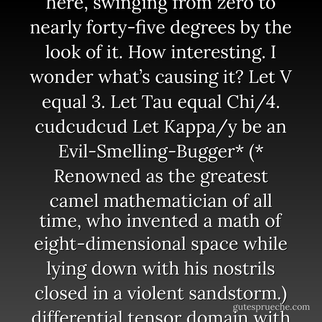 You Bastard was thinking: there seems to be some growing dimensional instability here, swinging from zero to nearly forty-five degrees by the look of it. How interesting. I wonder what’s causing it? Let V equal 3. Let Tau equal Chi/4. cudcudcud Let Kappa/y be an Evil-Smelling-Bugger* (* Renowned as the greatest camel mathematician of all time, who invented a math of eight-dimensional space while lying down with his nostrils closed in a violent sandstorm.) differential tensor domain with four imaginary spin co-efficients. . . - Terry Pratchett