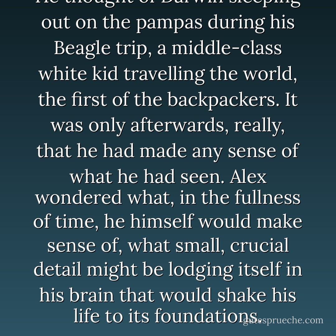 He thought of Darwin sleeping out on the pampas during his <i>Beagle</i> trip, a middle-class white kid travelling the world, the first of the backpackers. It was only afterwards, really, that he had made any sense of what he had seen. Alex wondered what, in the fullness of time, he himself would make sense of, what small, crucial detail might be lodging itself in his brain that would shake his life to its foundations. - Nino Ricci
