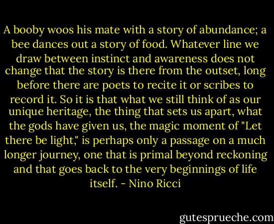 A booby woos his mate with a story of abundance; a bee dances out a story of food. Whatever line we draw between instinct and awareness does not change that the story is there from the outset, long before there are poets to recite it or scribes to record it. So it is that what we still think of as our unique heritage, the thing that sets us apart, what the gods have given us, the magic moment of "Let there be light," is perhaps only a passage on a much longer journey, one that is primal beyond reckoning and that goes back to the very beginnings of life itself. - Nino Ricci