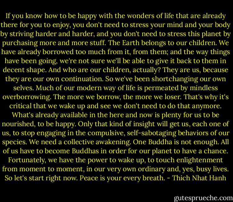 If you know how to be happy with the wonders of life that are already there for you to enjoy, you don't need to stress your mind and your body by striving harder and harder, and you don't need to stress this planet by purchasing more and more stuff. The Earth belongs to our children. We have already borrowed too much from it, from them; and the way things have been going, we're not sure we'll be able to give it back to them in decent shape. And who are our children, actually? They are us, because they are our own continuation. So we've been shortchanging our own selves. Much of our modern way of life is permeated by mindless overborrowing. The more we borrow, the more we loser. That's why it's critical that we wake up and see we don't need to do that anymore. What's already available in the here and now is plenty for us to be nourished, to be happy. Only that kind of insight will get us, each one of us, to stop engaging in the compulsive, self-sabotaging behaviors of our species. We need a collective awakening. One Buddha is not enough. All of us have to become Buddhas in order for our planet to have a chance. Fortunately, we have the power to wake up, to touch enlightenment from moment to moment, in our very own ordinary and, yes, busy lives. So let's start right now. Peace is your every breath. - Thich Nhat Hanh