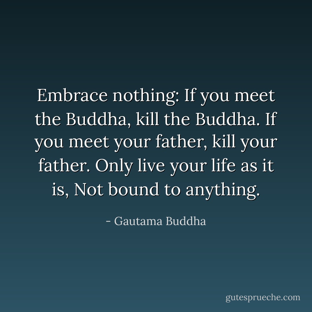 Embrace nothing:<br />If you meet the Buddha, kill the Buddha.<br />If you meet your father, kill your father.<br />Only live your life as it is,<br />Not bound to anything. - Gautama Buddha