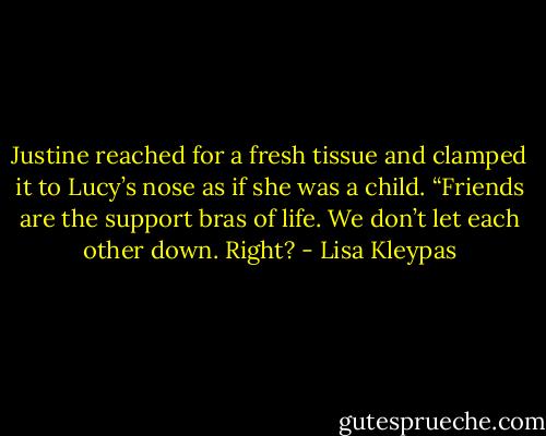 Justine reached for a fresh tissue and clamped it to Lucy’s nose as if she was a child. “Friends are the support bras of life. We don’t let each other down. Right? - Lisa Kleypas